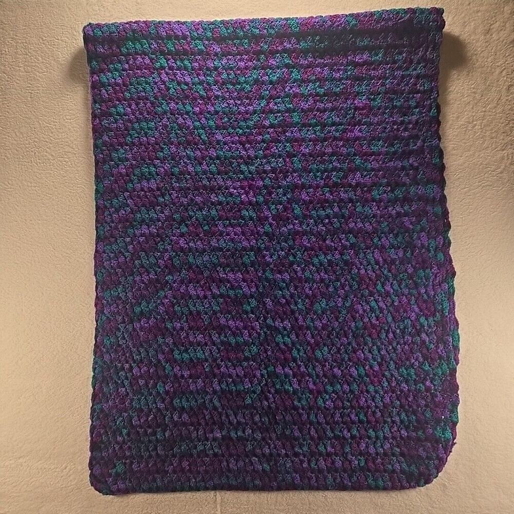 Handmade Crochet Afghan Throw Granny Blanket Green Purples 82x30